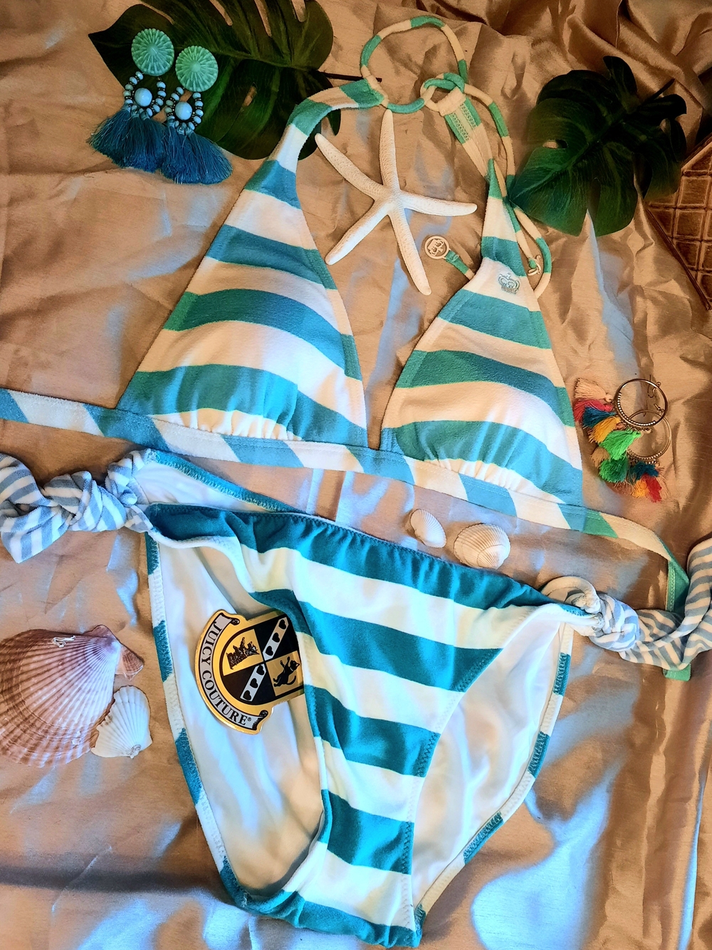 👄👑🍒💋Turquiose💙Striped Terry Bikini/2pc Swimsuit-Top XL Bottom M